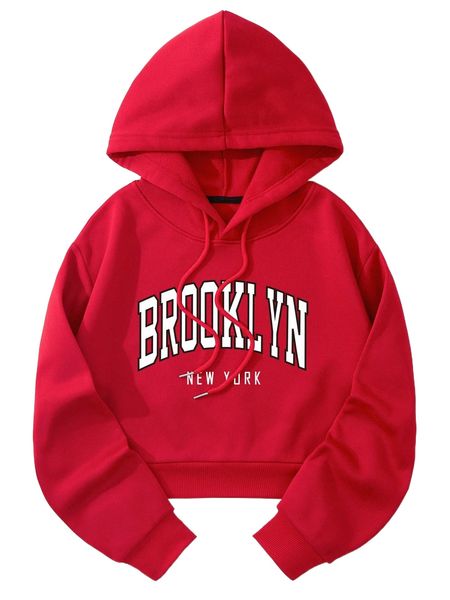 

letter graphic thermal lined drawstring crop hoodie d0ob#, Black