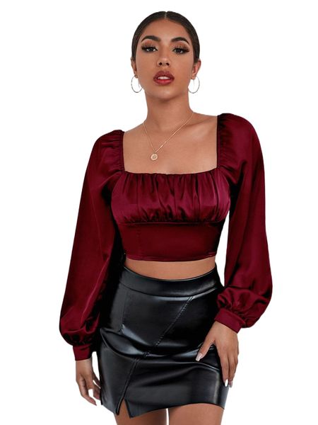 

bae ruched bust lantern sleeve crop satin b7qx#, White