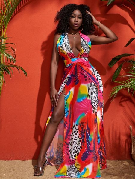 

sxy tie dye & leopard print split thigh dress n2xt#, Black;gray