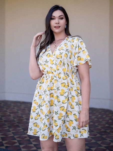 

plus allover lemon print butterfly sleeve dress 43bn#, Black