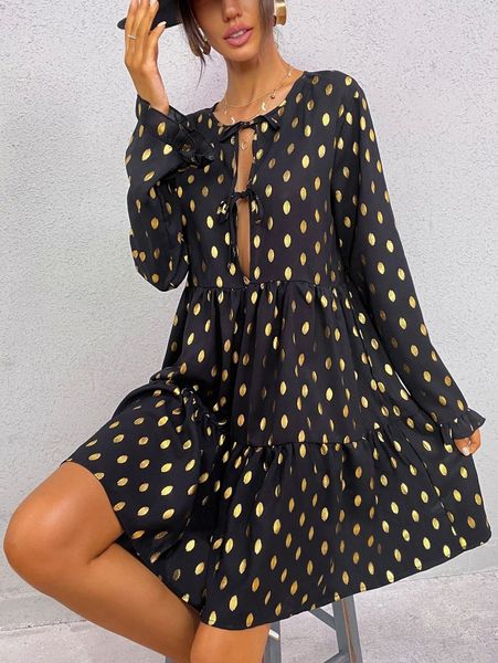 

gilding print tie neck ruffle hem smock dress b5kz#, Black;gray