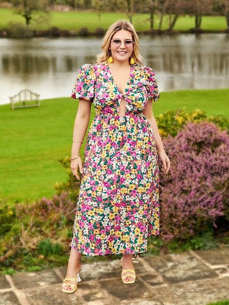 

plus allover floral print puff sleeve cut out twist front dress e3b2#, Black