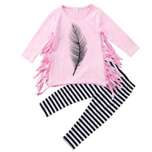 

2pcs autumn winter baby girls set clothes long sleeve feather kids tassel striped pant clothing, White