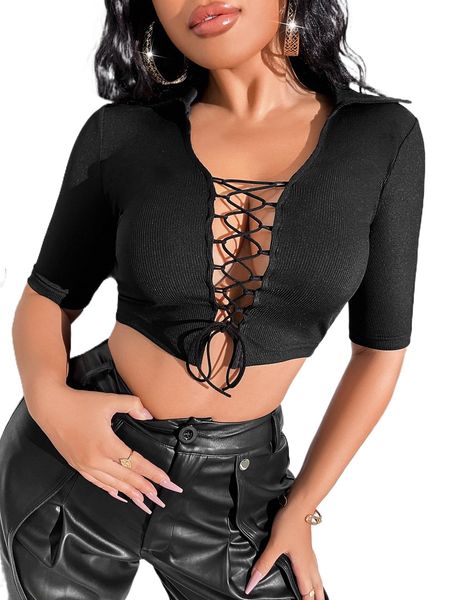 

lace up back crop tee y47l#, White