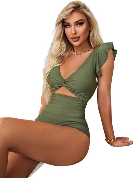 

twist cut out ruched side butterfly sleeve one piece swimsuit y4eq#, White;black