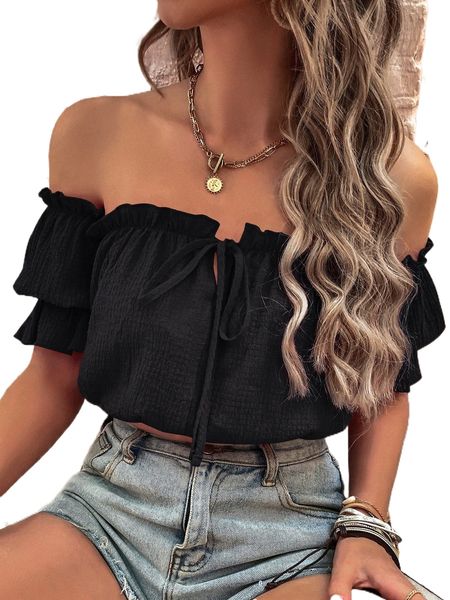

off the shoulder frilled blouse l75e#, White