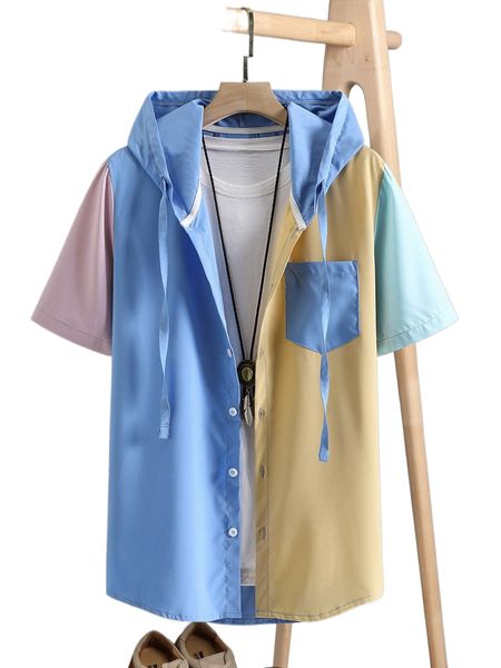 

men 1pc color block pocket patched drawstring hooded shirt 65gy#, White;black