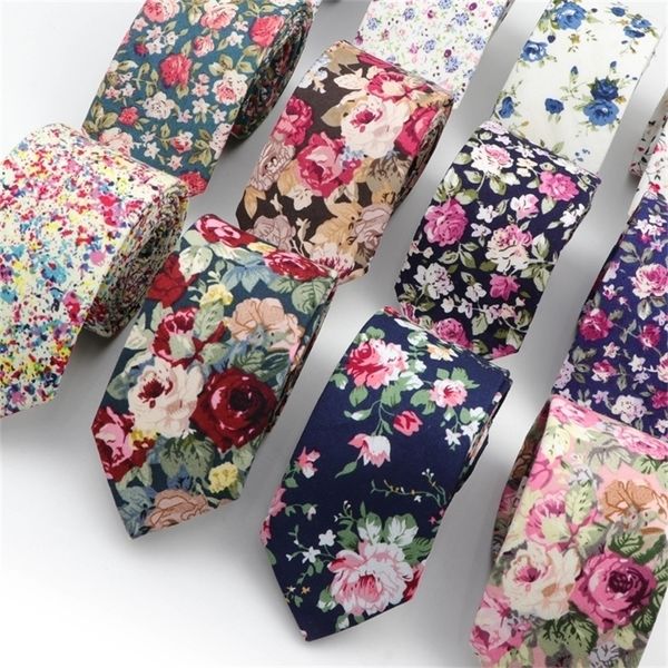 Flor de algodão amarrar mensagens coloridas de gravatas florais de gravata estreita Paisley Slim Skinny Cravate Garecas grossas estreitas T200805