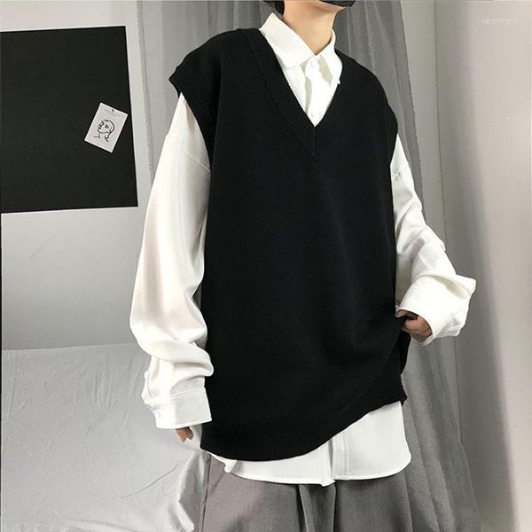 Мужские жилеты 2022 Осенний озеро голубое корейское модное пуловер Негабаритный свитер Жилета Свободный случайный хараджуку пояс