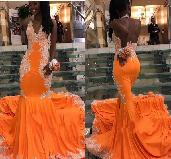 

halter orange mermaid prom dress with white lace open back trumpet evening formal party gown for black girl 0329, Black;red