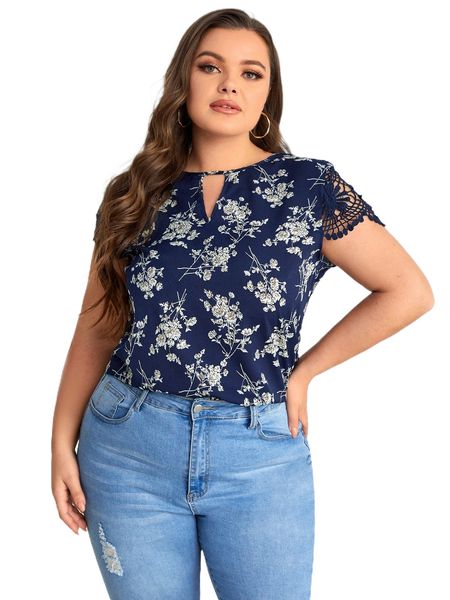 

plus keyhole neck floral t2zy#, Black