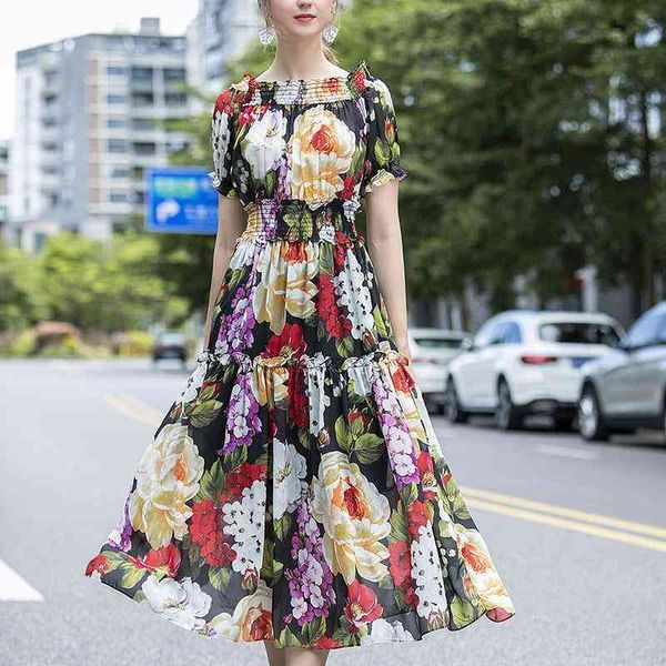 

casual dresses fashion women's short sleeved off shoulder elastic waist peony printed silk dress slim beach skirt f501, Black;gray
