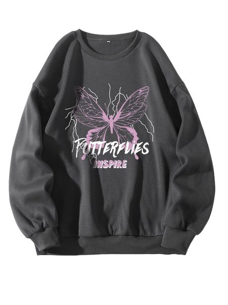 

butterfly and letter graphic drop shoulder thermal lined sweatshirt u864#, Black