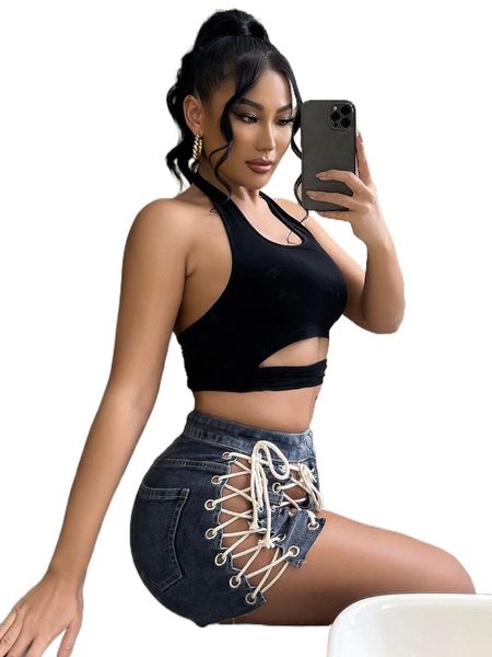 

sxy lace up raw hem denim shorts 52n0#, White;black