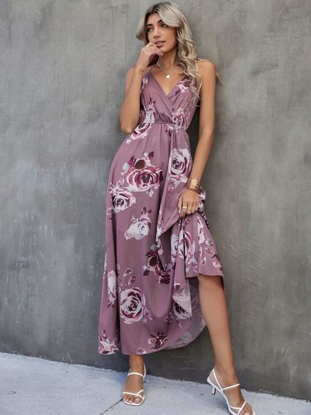 

floral print surplice neck cami dress f54f#, Black;gray