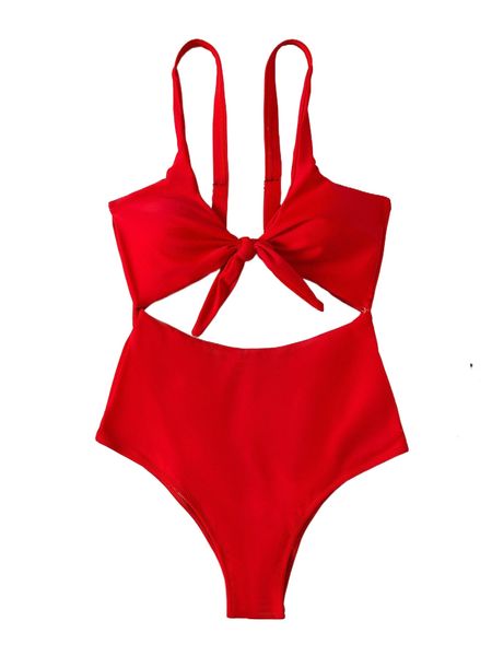 

knot front cut-out one piece swimsuit a018#, White;black