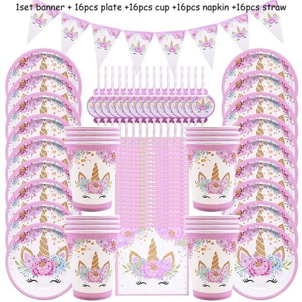 65pcs Girl Birthday Party Pink Unicorn Paper Plate Copo Copo de guardanapo Conjuntos de tabela de tabela de mesa de bebê Supplys de primeira festa de aniversário 201006