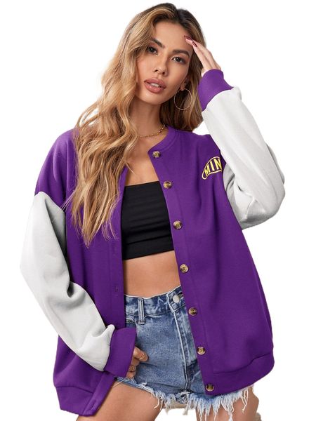 

letter graphic colorblock drop shoulder button front jacket 612m#, Black;brown