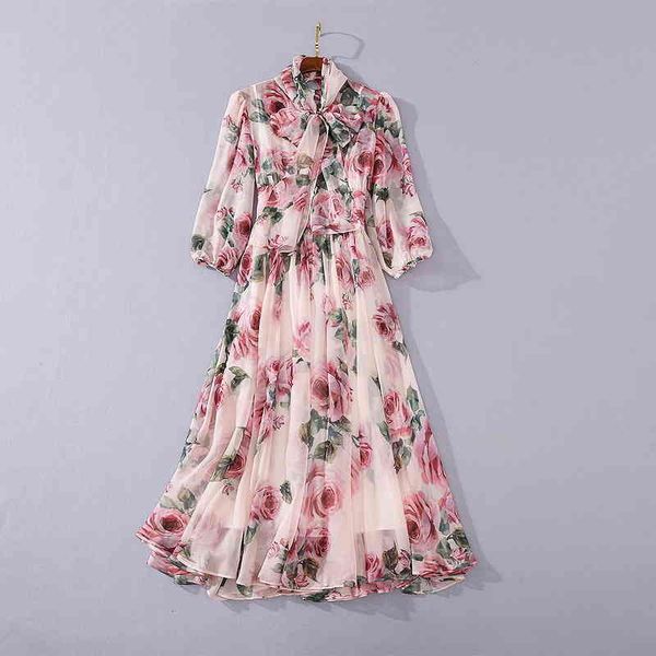 

casual dresses chiffon big swing beach holiday dress women's 2022 spring and summer silk scarf collar high waist rose printed dress a87, Black;gray