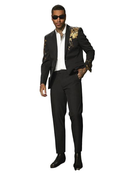 

men floral print lapel collar blazer & tailored pants p6u1#, White;black