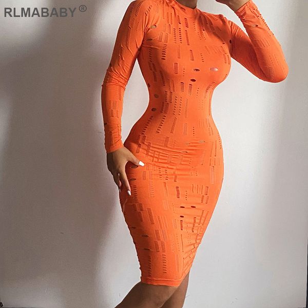 

2021 autumn hollow out long sleeve women bodycon dress skinny simple o neck package hip streetwear female orange midi dress, Black;gray