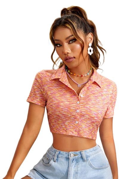 

space dye button up crop tee y3fm#, White