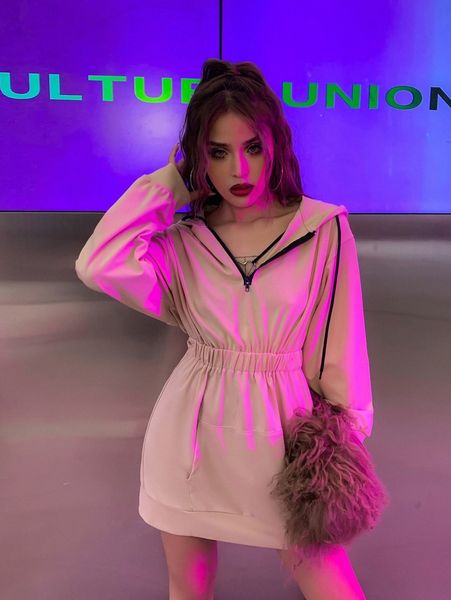 

meysi kim quarter zipper drop shoulder drawstring elastic waist hooded dress u5bx#, Black;gray