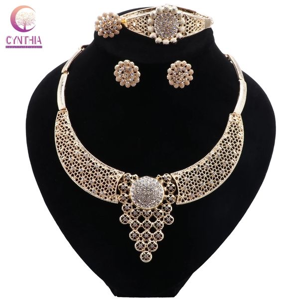 Etiopia Gold Color Dubai Parure di gioielli Donna African Party Regali di nozze Collana Orecchini Bracciale Anello Set di gioielli