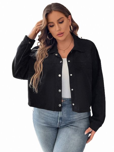

plus drop shoulder flap pocket corduroy jacket w9zd#, Black