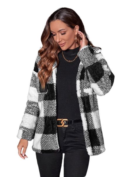 

buffalo plaid print pocket patched fleece coat 65zq#, Black