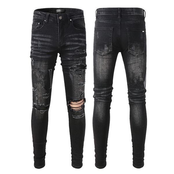 Man Skinny se encaixa jeans jeans com letras pretas joelho rasgado com buracos magro para caras masculino motocicleta de motocicleta reta perna angústia calça de hip hop goldenner zipper verão