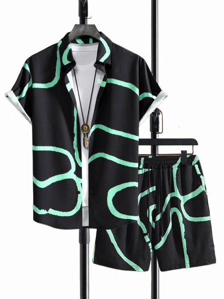 

men graphic print shirt & drawstring waist shorts without tee t4x4#, Gray