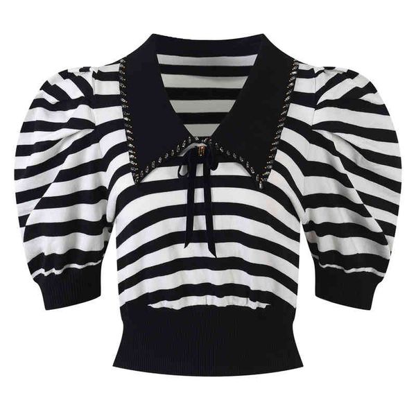 

women's sweaters summer diamond lapel black and white striped bubble sleeve waist bow short sweater n9km, White;black