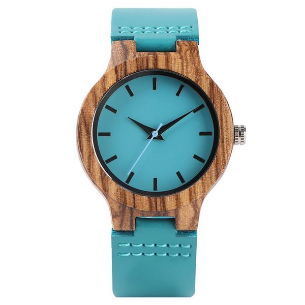 Kol saatleri zarif bayanlar yaratıcı mavi el yapımı kuvars ahşap saat orijinal deri saat bandı basit moda ahşap kol saati hediye kadın