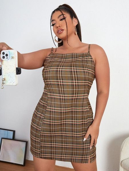 

plus plaid print cami dress f9no#, Black