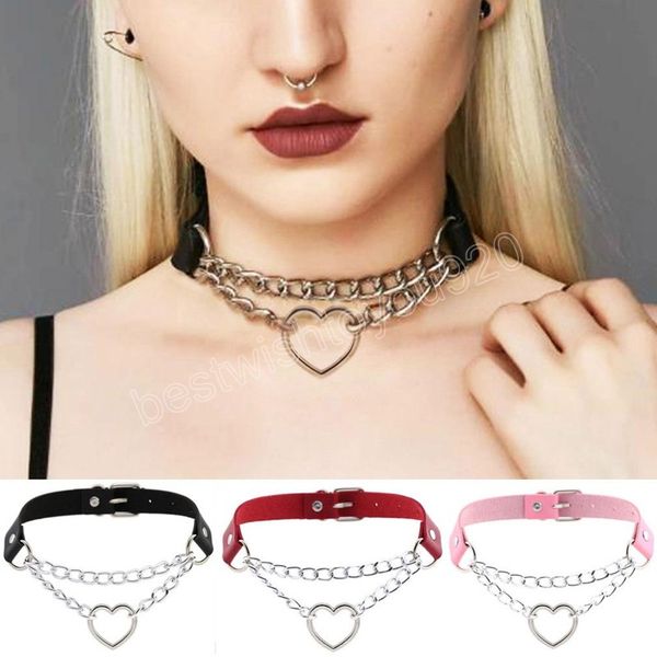 

gothic heart chain choker collar harajuku punk choker women girls black leather buckle chocker kawaii jewelry accessories gift, Golden;silver