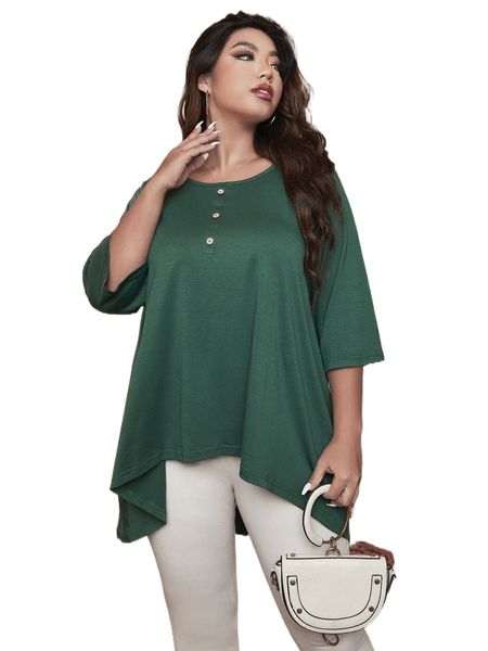 

plus button detail high low hem tee v5ab#, Black