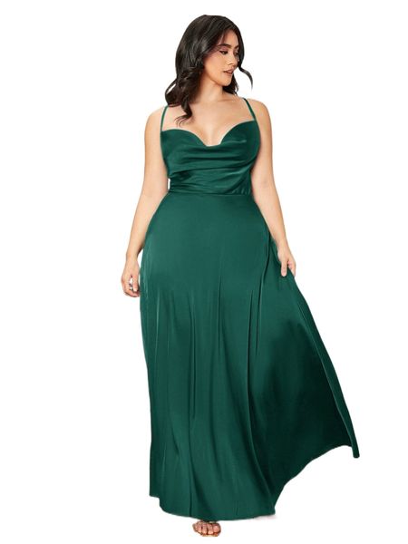 

plus draped lace up backless satin formal dress x9se#, Black