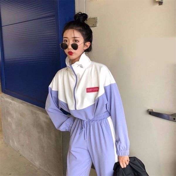 

hit color sportswear womens two piece set autumn long sleeve trouser for women hip hop tracksuit two-piece suit female 210331, Gray