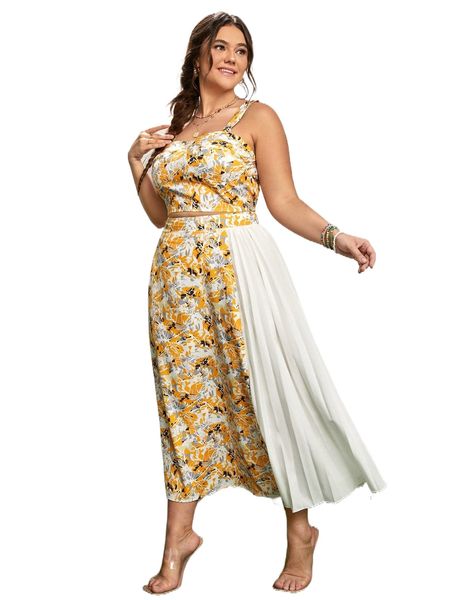 

plus floral print cami & skirt 62qy#, Black