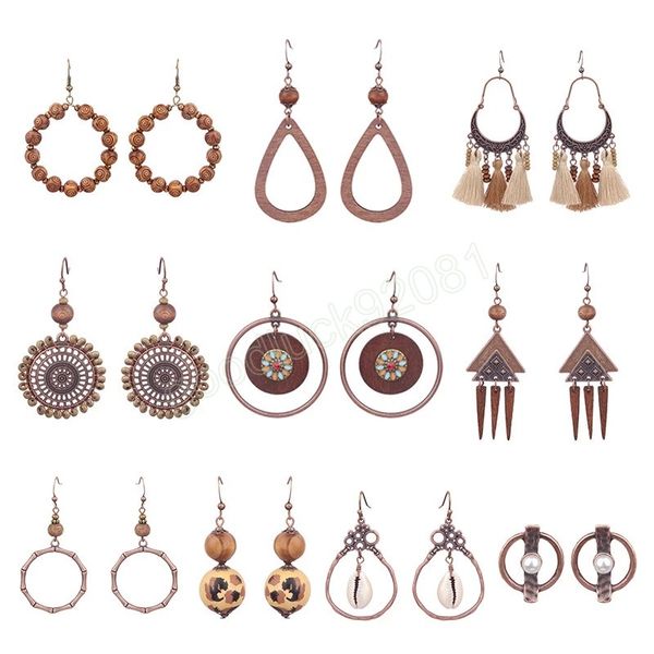 Ethnische Bohemian Vintage Holz Perlen Baumeln Ohrringe Für Frauen Geometrische Hoop Quaste Antik Gold Farbe Ohrringe Pendientes
