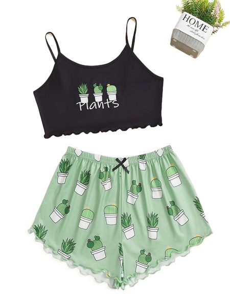 

letter & cactus print lettuce trim cami & shorts pj set 21pw#, Black;red