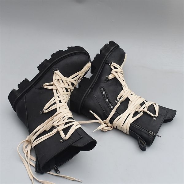 

autumn and winter new british style thicksoled highlaceup short boots side zipper midtube boots shoes woman 201103, Black