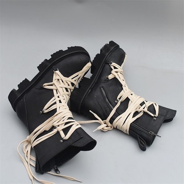 Outono e inverno Novo estilo britânico de estilo britânico Hightop Laceup Botas curtas Zipper lateral Botas Midtube Sapatos Mulher 201103