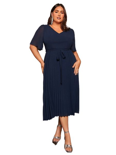 

plus pleated hem belted chiffon bridesmaid dress k4an#, Black