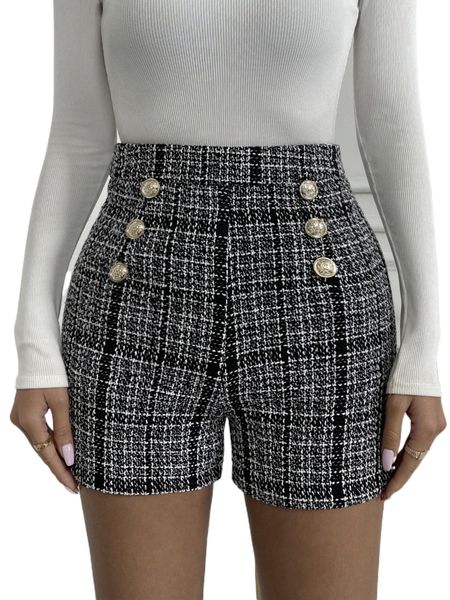 

plaid pattern button detail tweed shorts f94g#, White;black