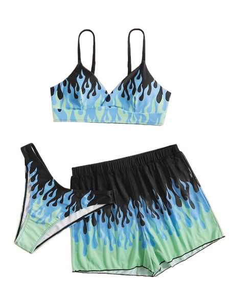 

romwe 3pack fire pattern bikini swimsuit & swim shorts b5t8#, White;black