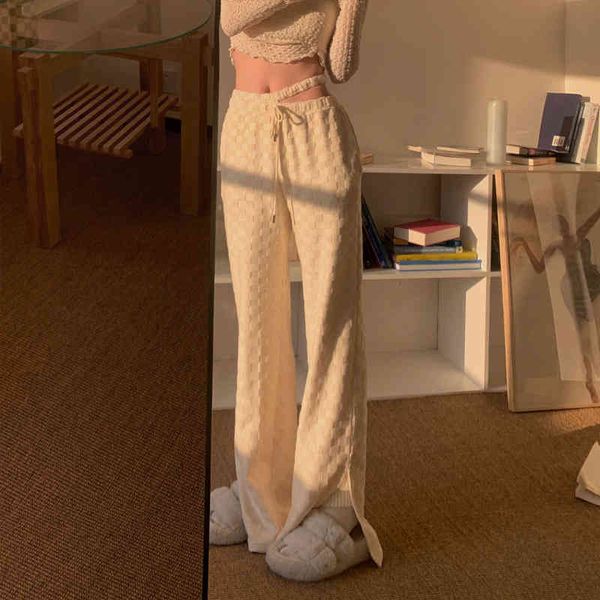

women's pants & capris savage long legs fine high waist straight tube plush checkerboard casual pants women's split floor mopping, Black;white