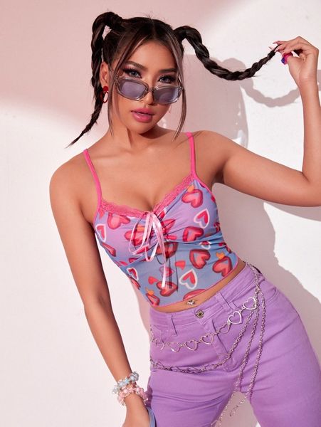 

heart print lace trim crop cami 49rq#, White