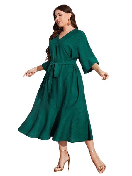 

plus drop shoulder knot front ruffle hem dress t907#, Black